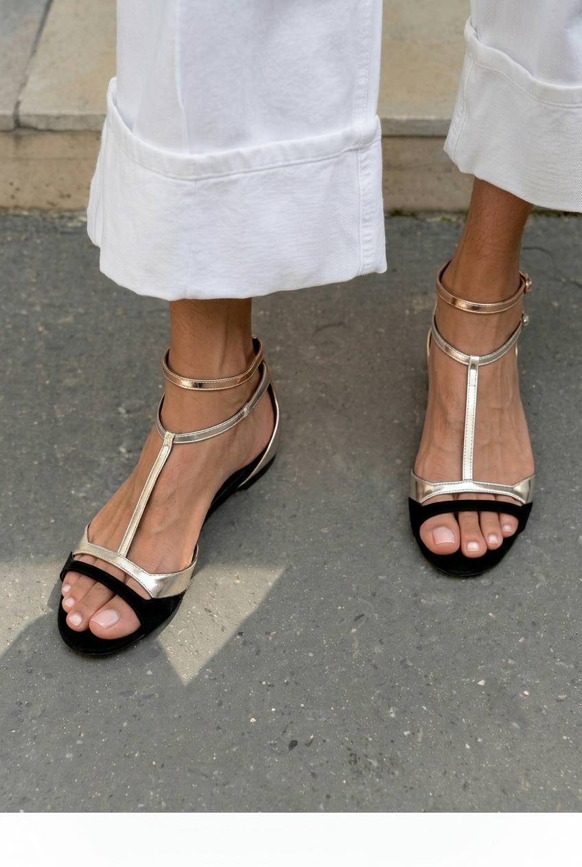 Metallic Open-Toe Low Sandals with T-Strap