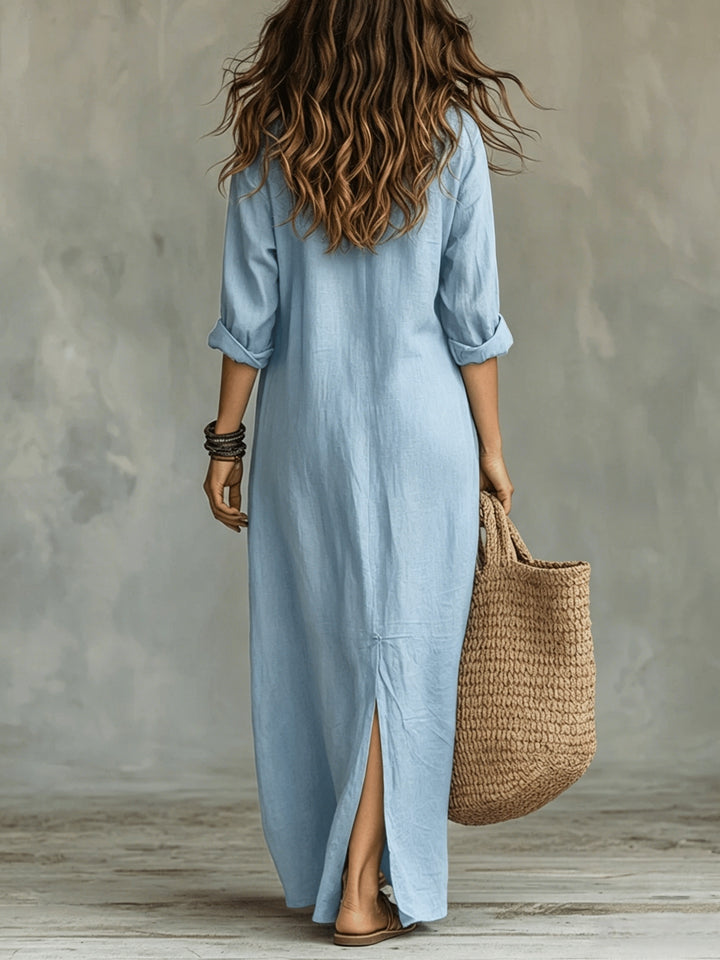 New Spring/Summer Plain Coloured Pullover-Collar Long Dress with Half-Open Collar and Slits at the Front and Back, Casual Shirt Dress in a Relaxed Style, Suitable for Leisure, Travel, Beach, and Daily Use in Spring/Summer, Machine Washable