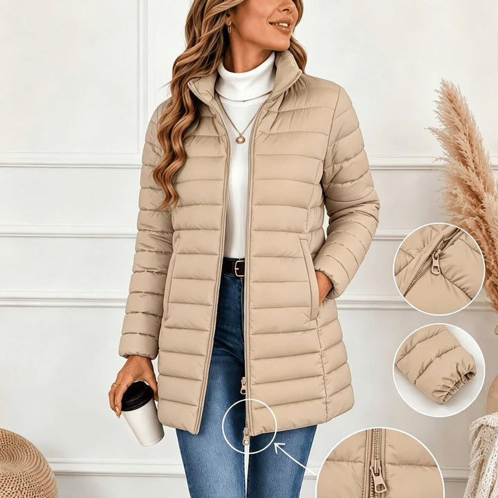 Beige lightweight quilted coat with stand collar and double front zips