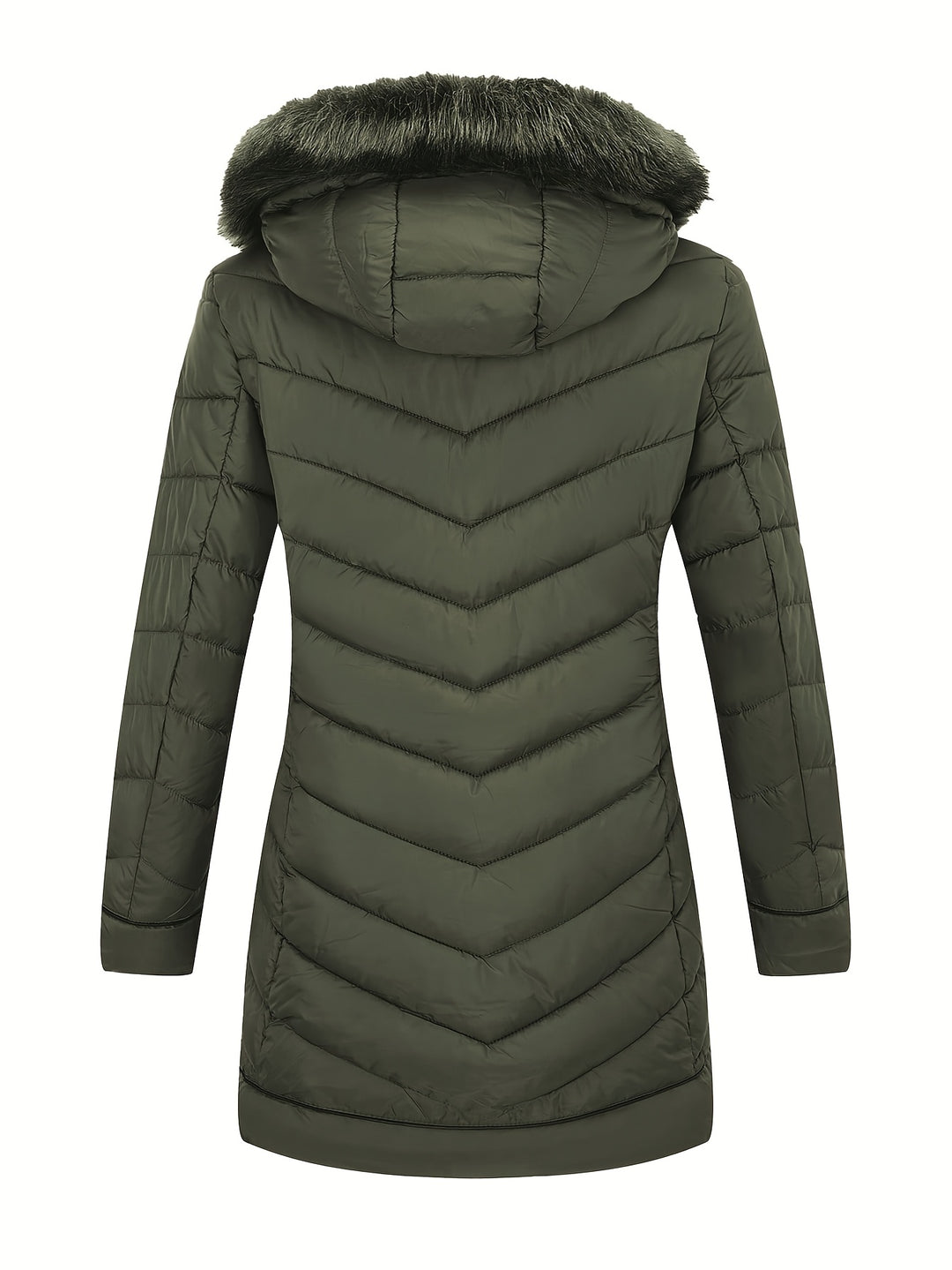 Deep green slim-fit hooded faux fur winter coat, quilted puffer with front zipper.