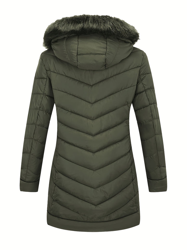 Deep green slim-fit hooded faux fur winter coat, quilted puffer with front zipper.