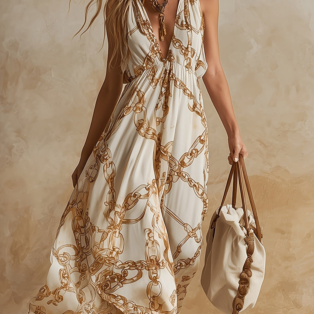 Elegant vintage-style summer maxi dress for women with gold chain print and tie straps at the back. Featuring a deep V-neck with a choker neckline, a large open back with tie details at the back, and a loose A-line hem. Perfect for beach holidays, pool pa