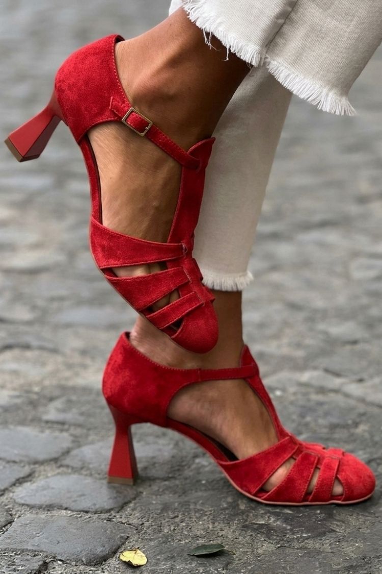 Cut-out Crochet Heeled Sandals in Closed Toe Green