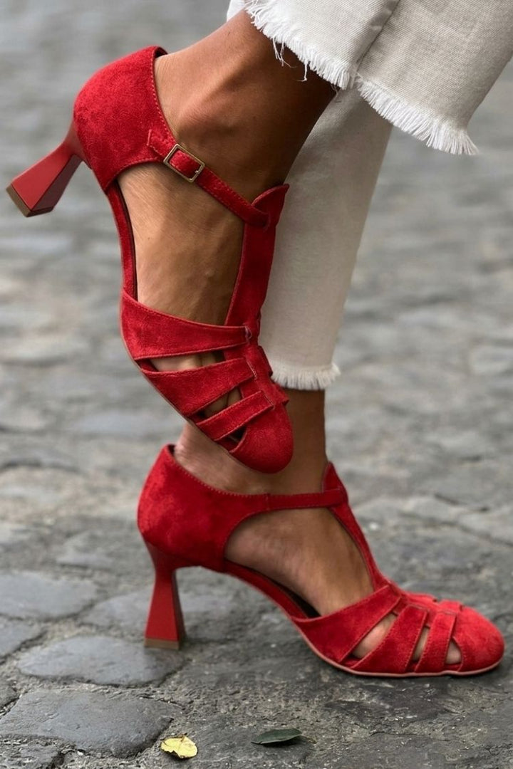 Cut-out Crochet Heeled Sandals in Closed Toe Green