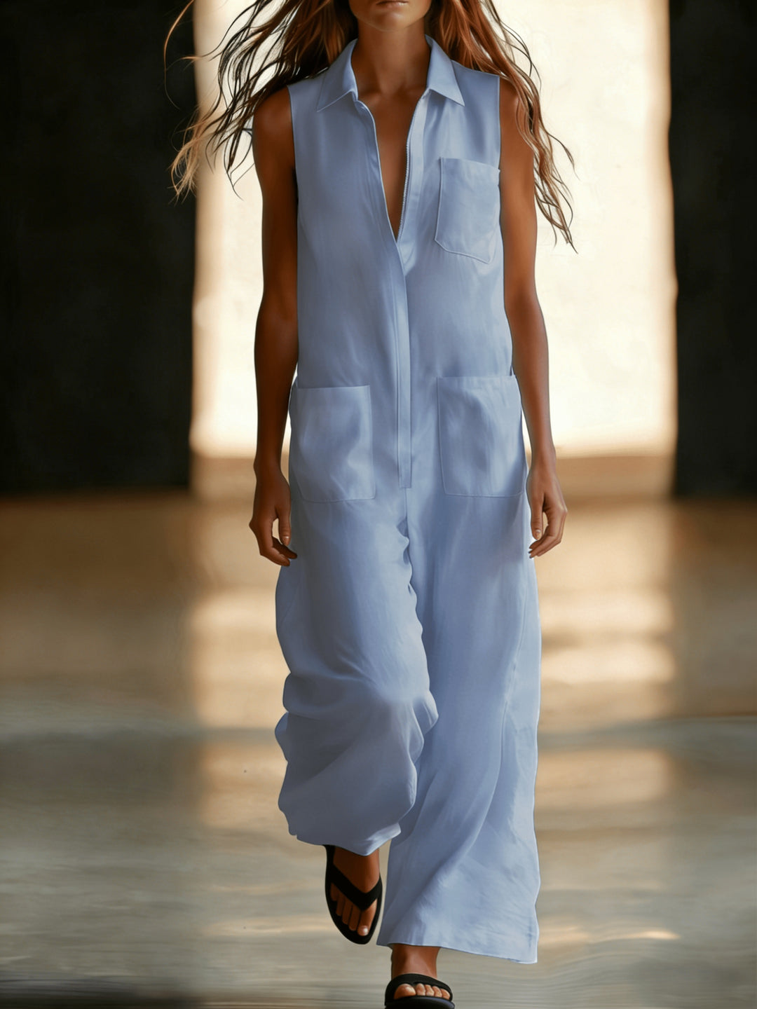 Sleeveless wide-leg jumpsuit for women, plain colour with pockets, half-zip and open front - Casual wear for commuting