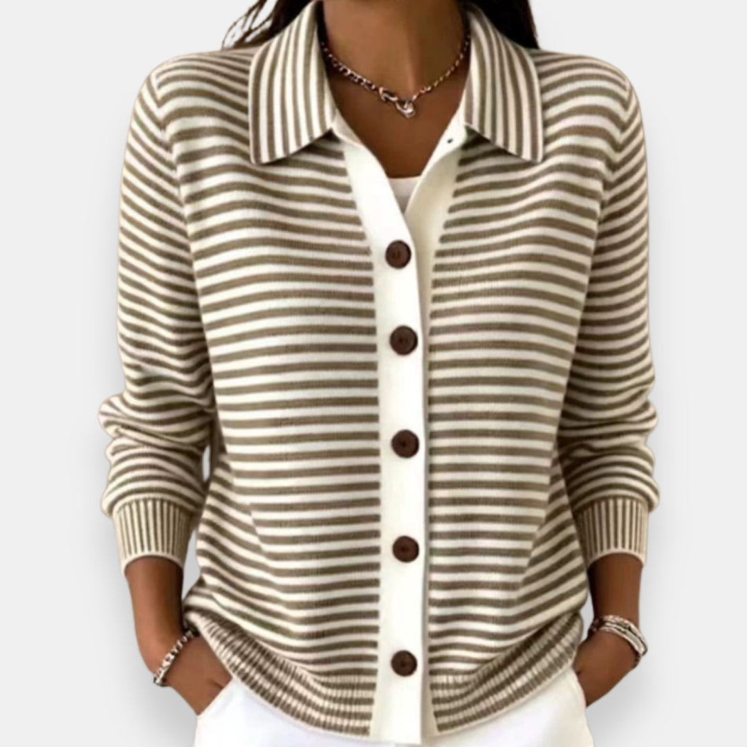 Striped button cardigan, cream and dark brown, collared long sleeves