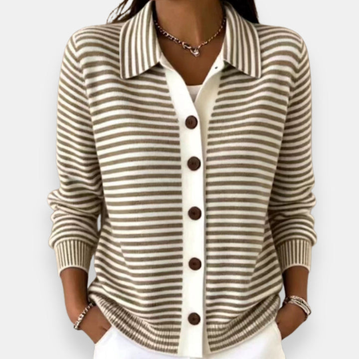 Striped button cardigan, cream and dark brown, collared long sleeves