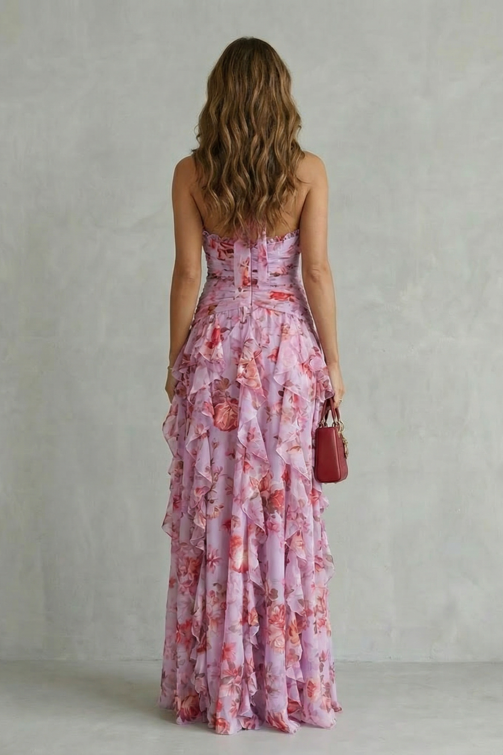 Belladina | Romantic Rose Cascade Long Dress with American Neckline