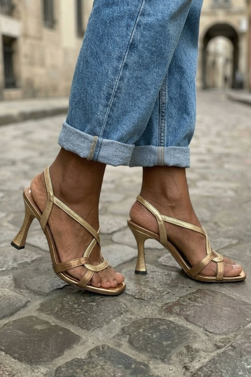 Metallic Gold Sandals with Crossed Straps and Stiletto Heel