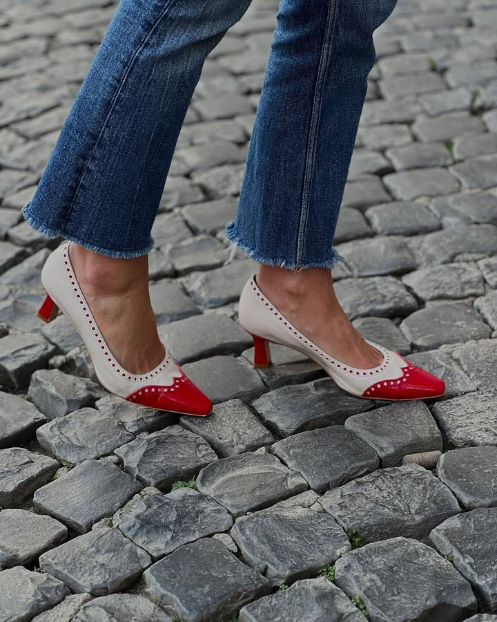 Elegant pointed colour block cut-out mid heels