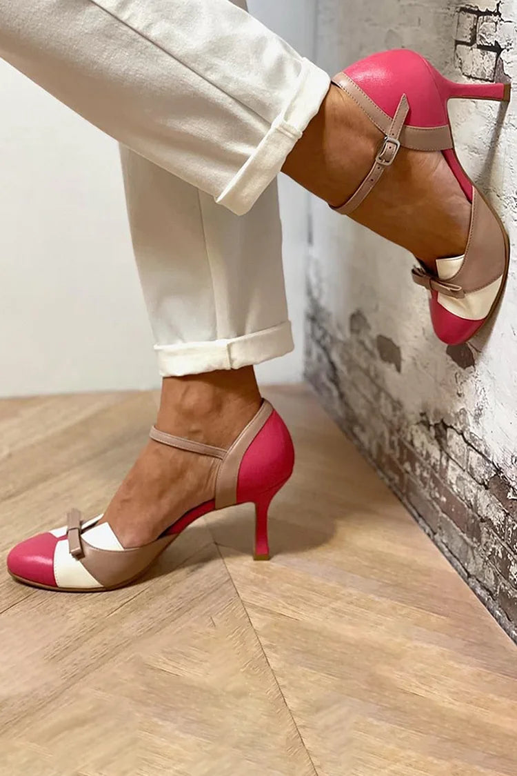 Fuchsia Colour Block Patchwork Round Toe Stiletto Heels with Bow