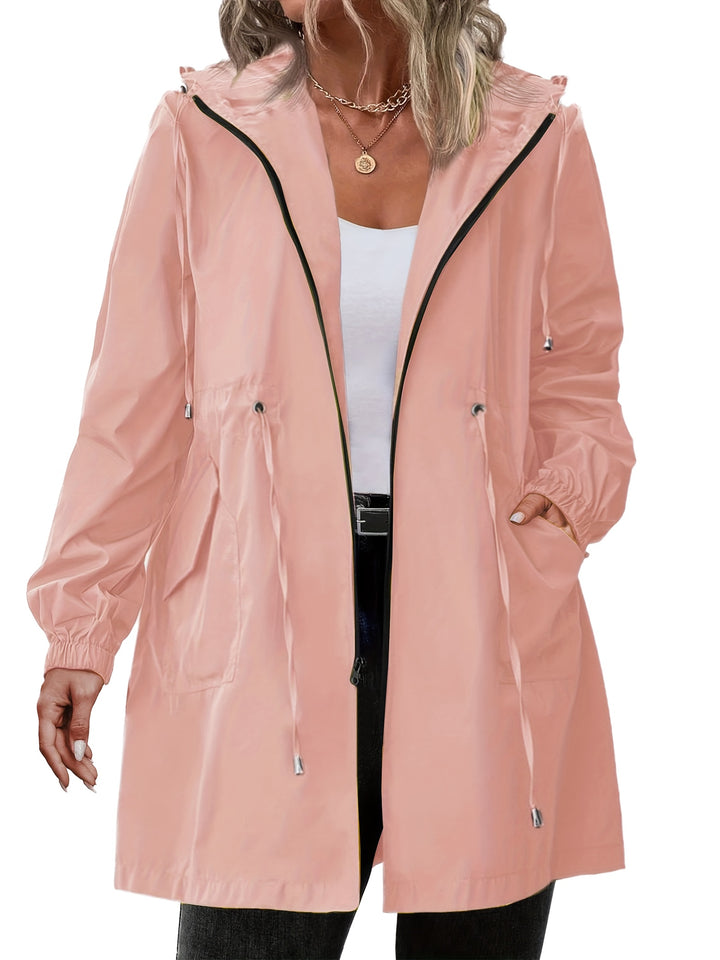 Lightweight hooded zip jacket in blush pink with drawstring waist and front pockets