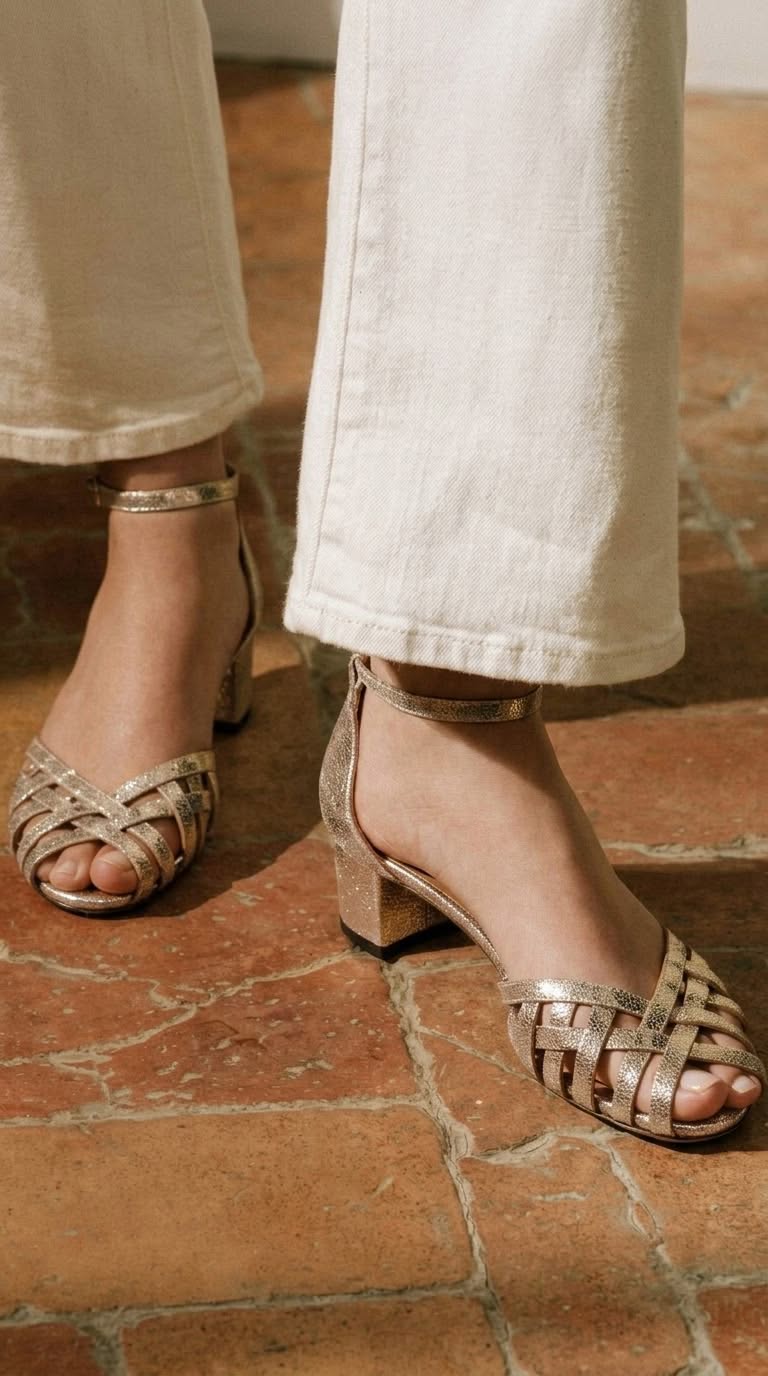 Wide Peep Toe Woven Gold Heels with Ankle Strap and Buckle