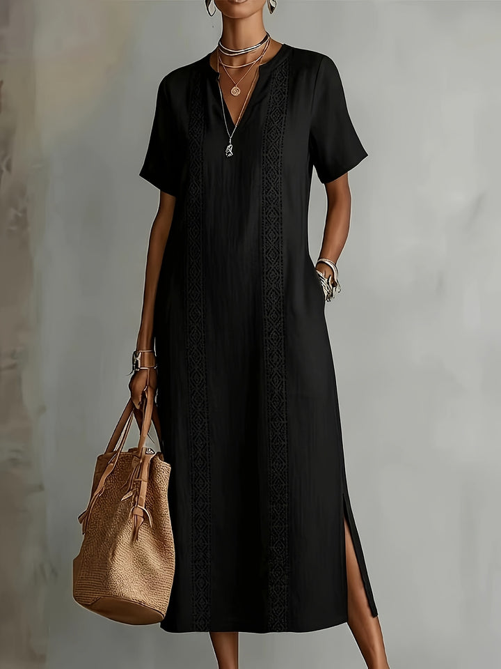 Elegant vintage lace dress for women with V-neck, loose fit, solid colour ZLLZ