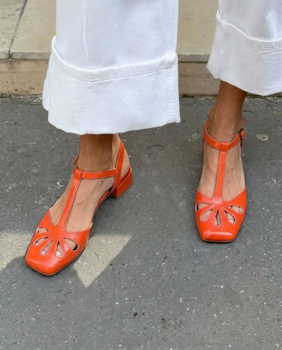 Orange Floral Cut-Out Block Heels with Square Toe and T-Strap