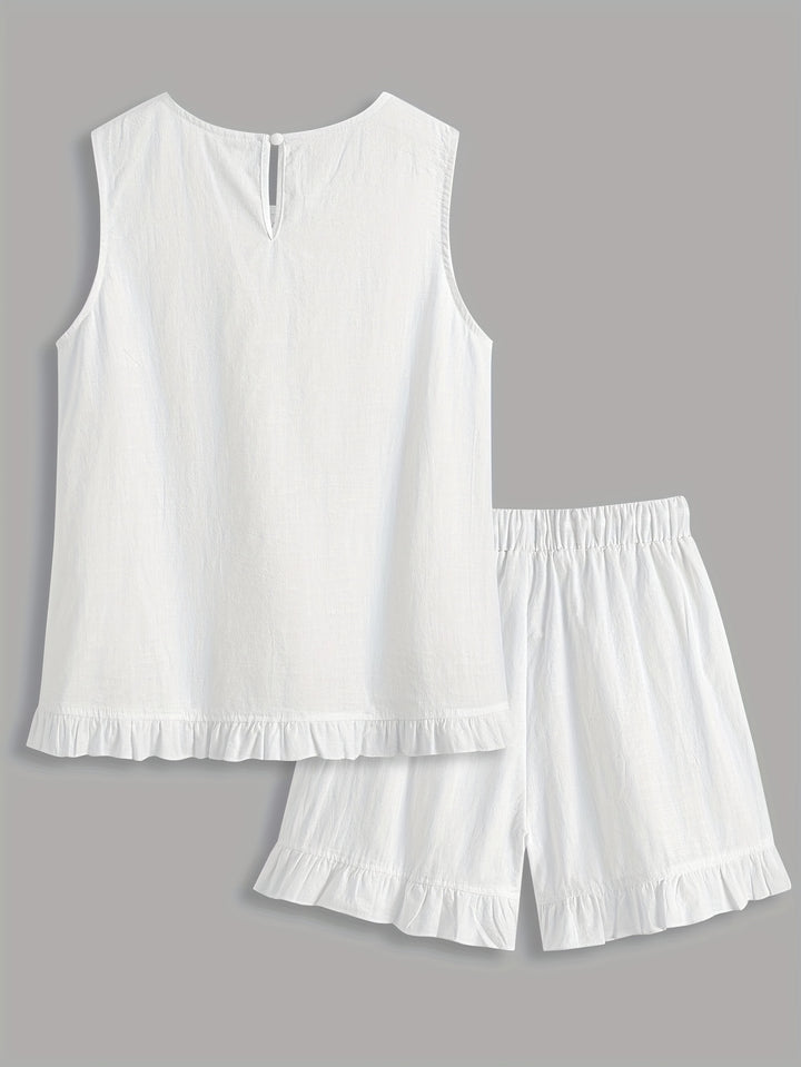 Loose Openwork Top and Ruffle Shorts Set