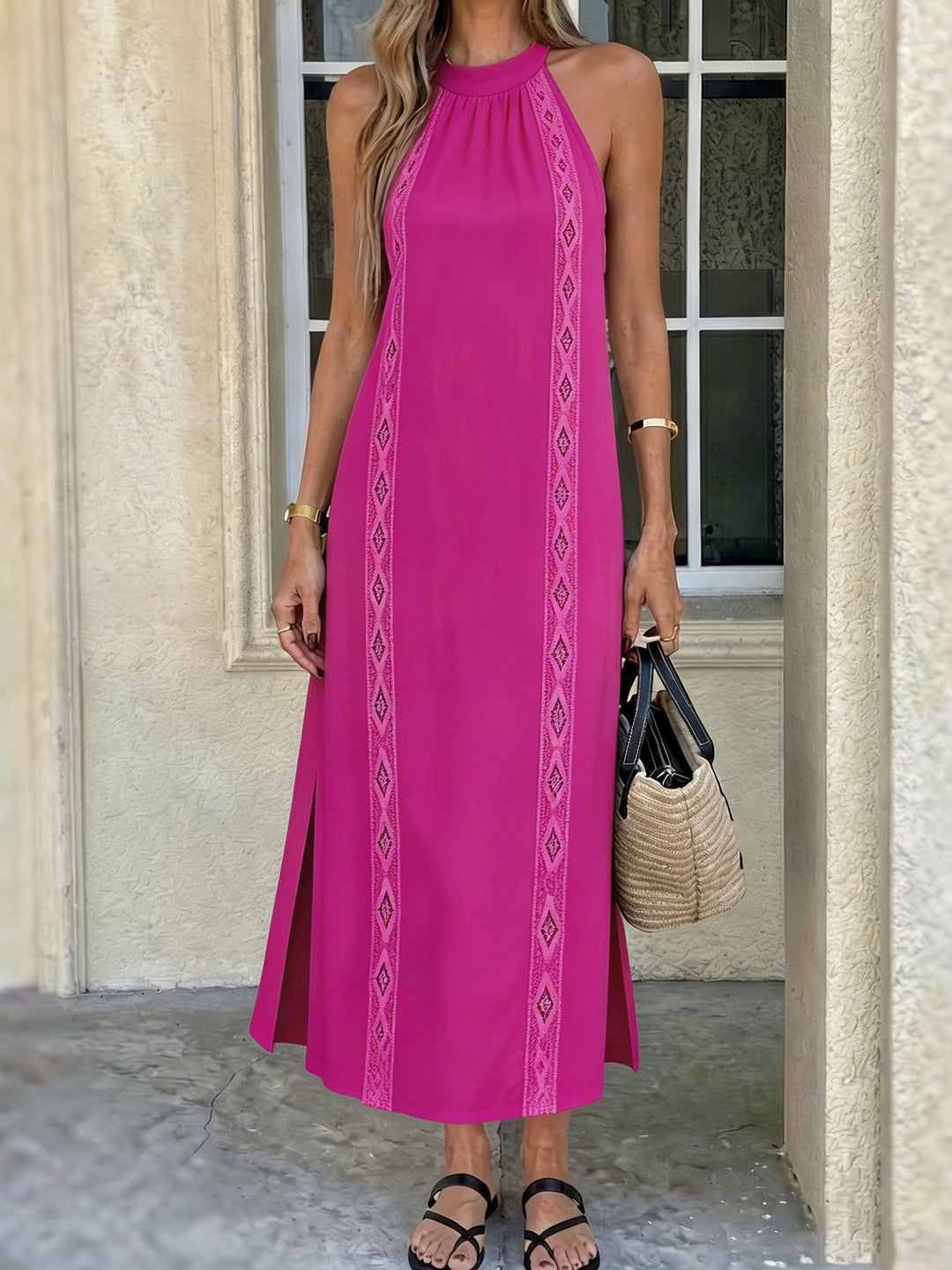 Summer ladies pure halter lace hollow-out lace edge patchwork dress, loose linen feel holiday sleeveless long dress 9A12499