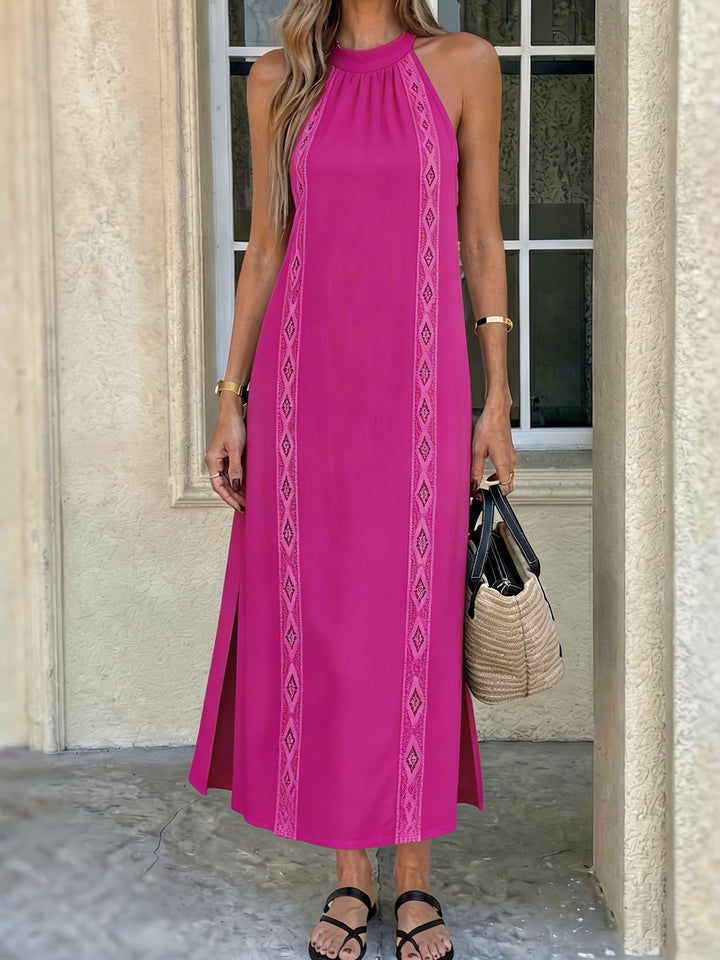 Summer ladies pure halter lace hollow-out lace edge patchwork dress, loose linen feel holiday sleeveless long dress 9A12499