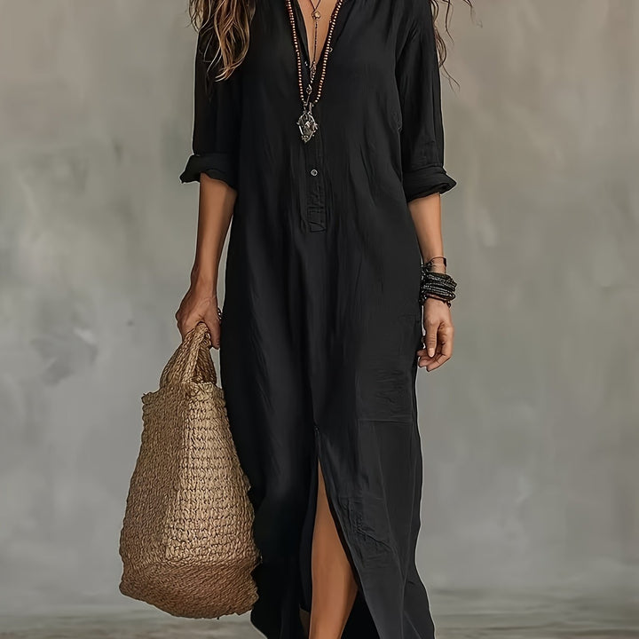 New Spring/Summer Plain Coloured Pullover-Collar Long Dress with Half-Open Collar and Slits at the Front and Back, Casual Shirt Dress in a Relaxed Style, Suitable for Leisure, Travel, Beach, and Daily Use in Spring/Summer, Machine Washable