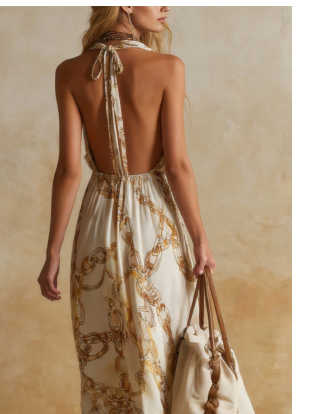 Elegant vintage-style summer maxi dress for women with gold chain print and tie straps at the back. Featuring a deep V-neck with a choker neckline, a large open back with tie details at the back, and a loose A-line hem. Perfect for beach holidays, pool pa