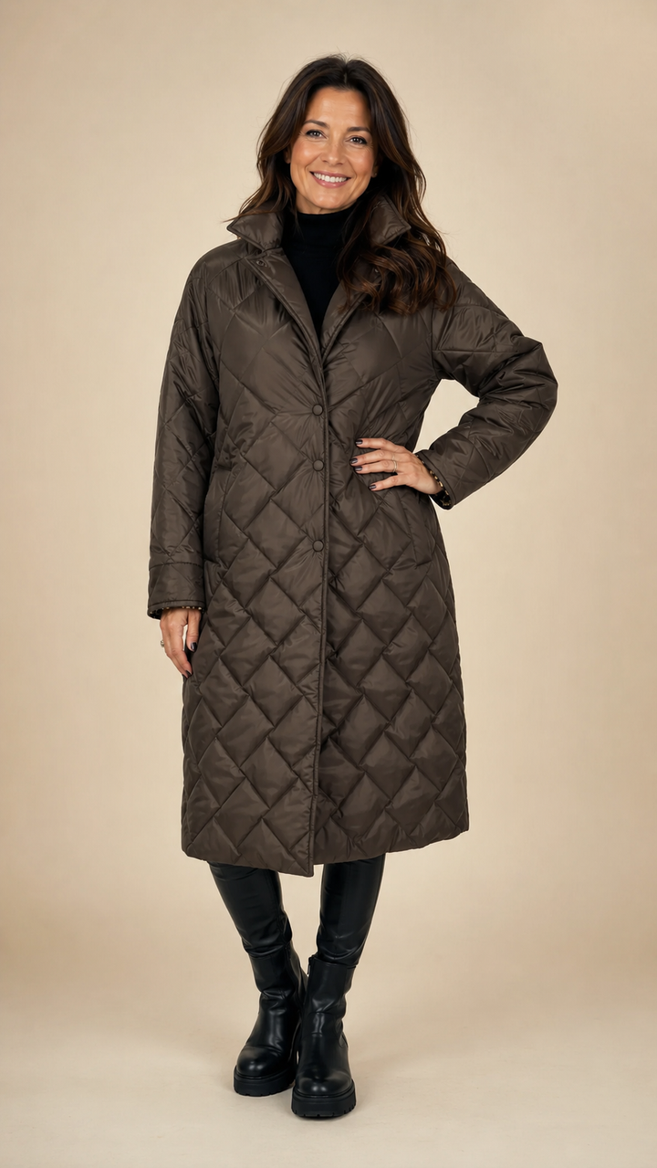 Olive/brown reversible quilted jacket, button front with diamond quilting and long sleeves