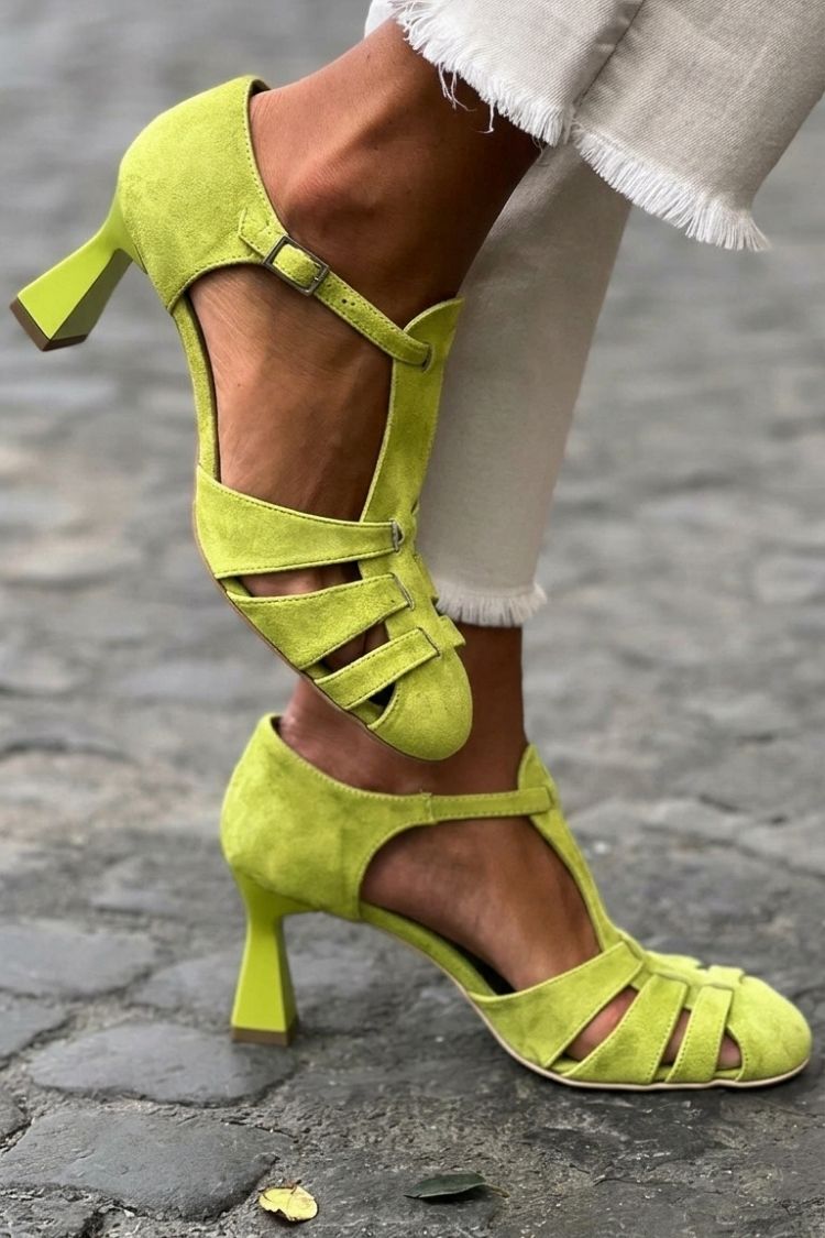 Cut-out Crochet Heeled Sandals in Closed Toe Green