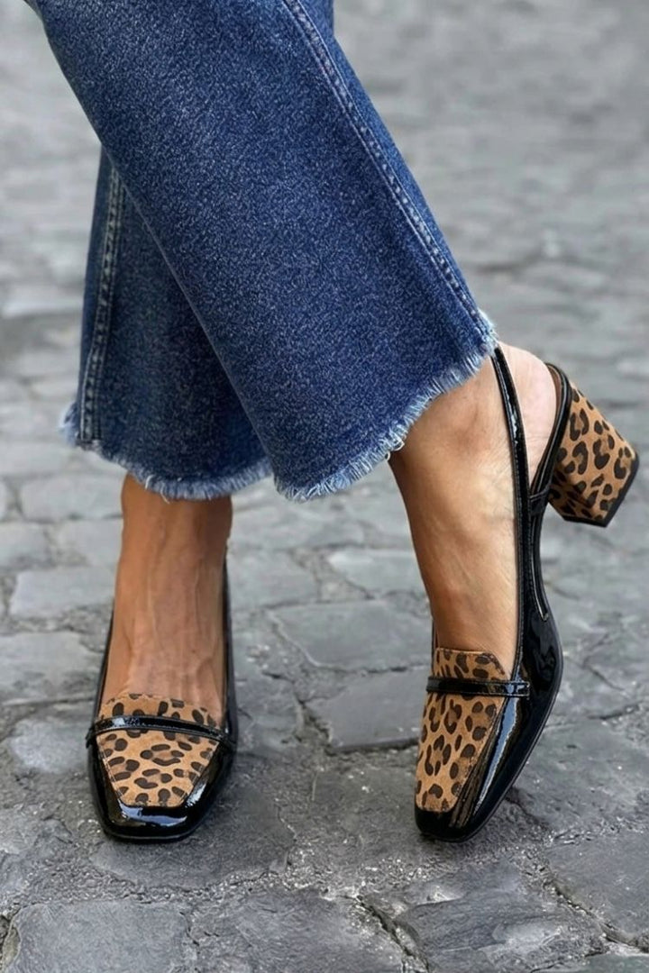 Wide-heeled slingback patchwork purple square-toe shoes
