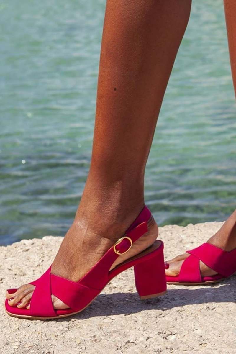 Suede slingback sandals with criss-cross straps and block heel