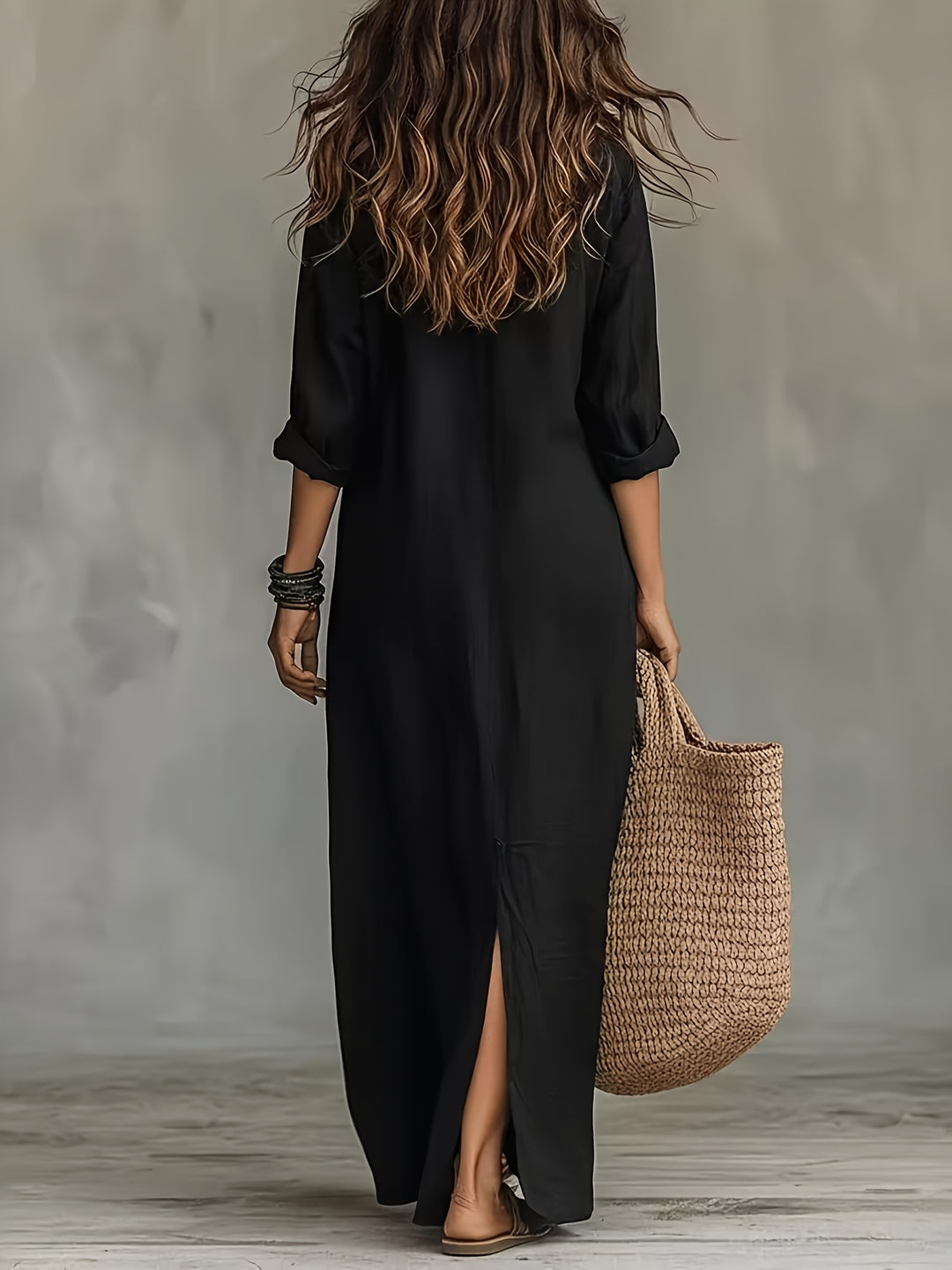 New Spring/Summer Plain Coloured Pullover-Collar Long Dress with Half-Open Collar and Slits at the Front and Back, Casual Shirt Dress in a Relaxed Style, Suitable for Leisure, Travel, Beach, and Daily Use in Spring/Summer, Machine Washable