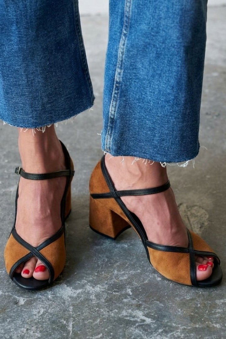 Block colour stiletto heels with buckle and T-strap