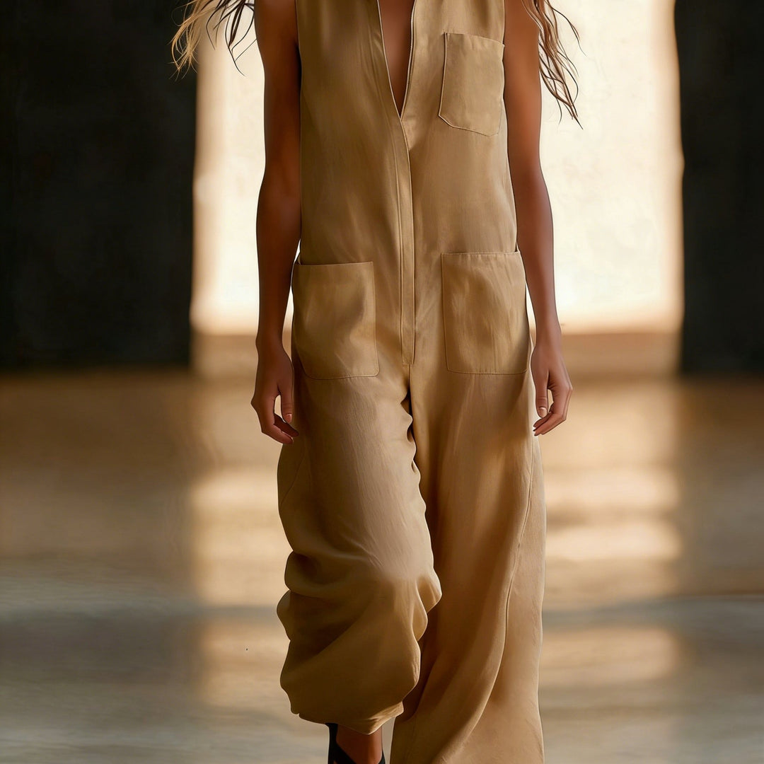 Sleeveless wide-leg jumpsuit for women, plain colour with pockets, half-zip and open front - Casual wear for commuting
