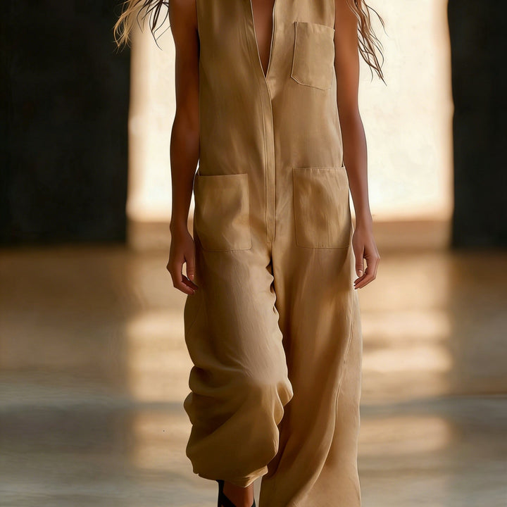Sleeveless wide-leg jumpsuit for women, plain colour with pockets, half-zip and open front - Casual wear for commuting