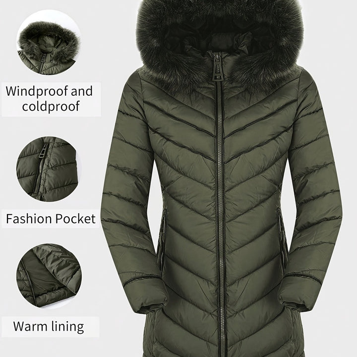 Slim-fit hooded faux-fur puffer coat in green, full-zip front, side pockets, warm lining