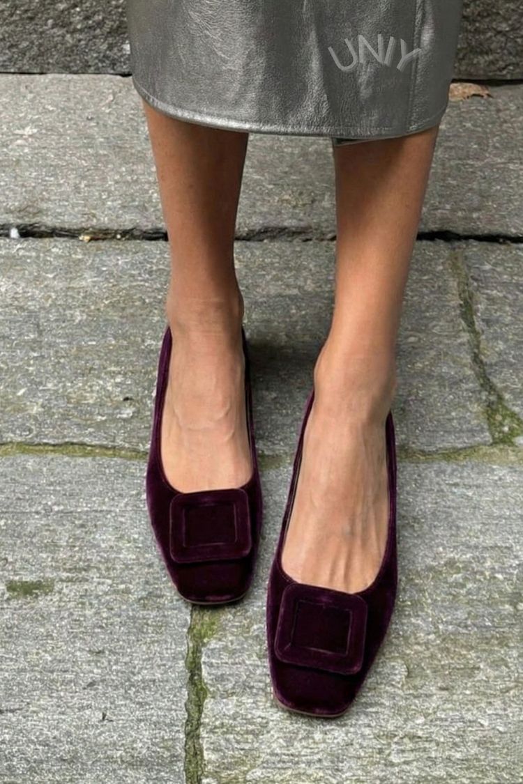 Square Toe Velvet Ballerinas with Buckle
