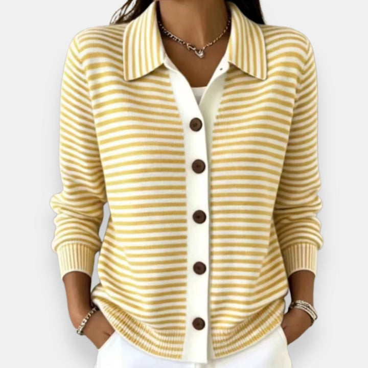 Striped button cardigan, yellow and white, collared long sleeves with ribbed cuffs