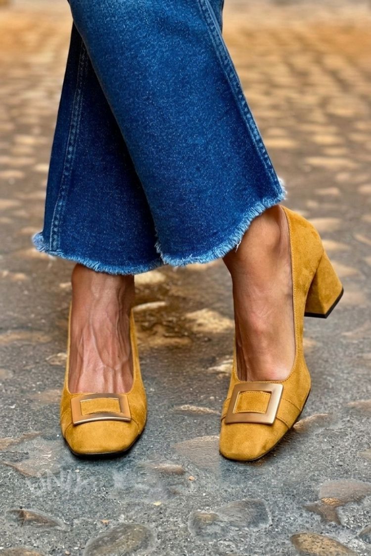 Wide Patchwork Navy Blue Square Toe Heels
