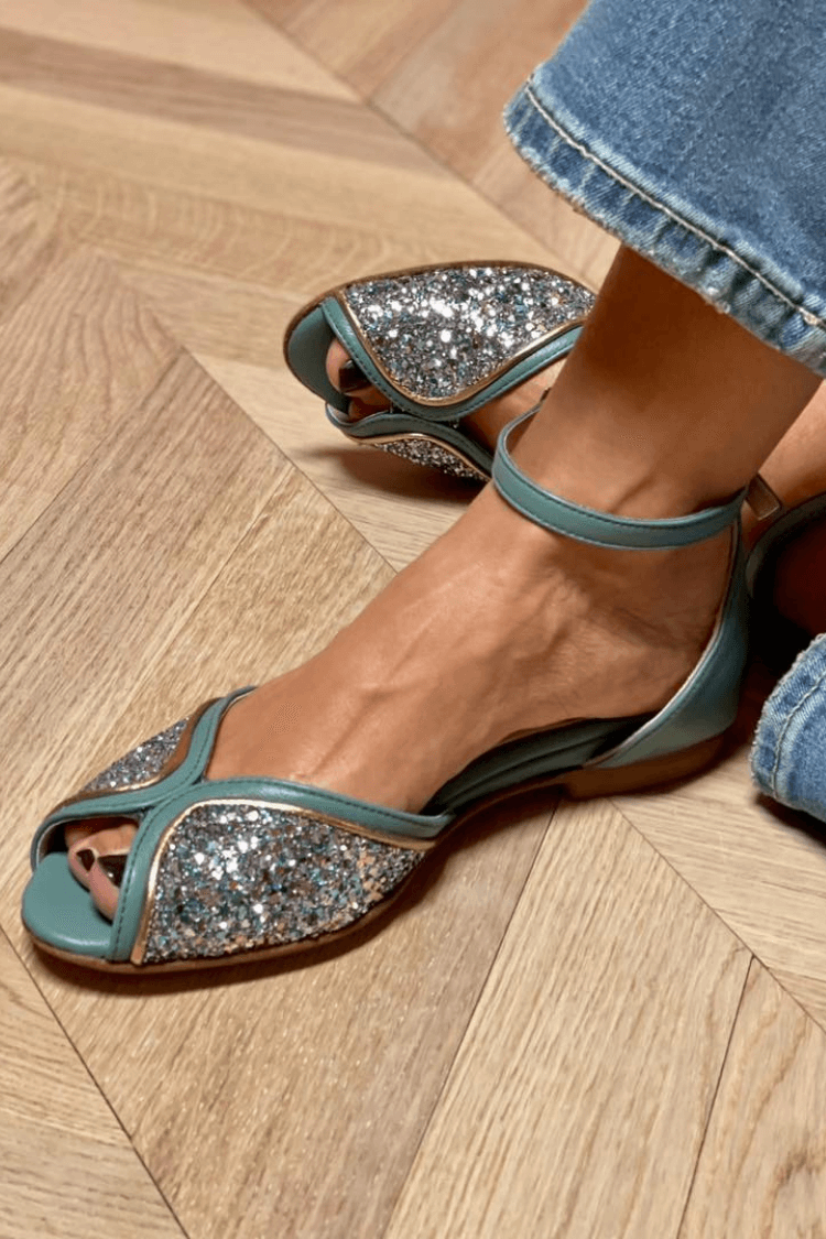 Glitter Patchwork Peep Toe Sandals with Ankle Strap and Buckle