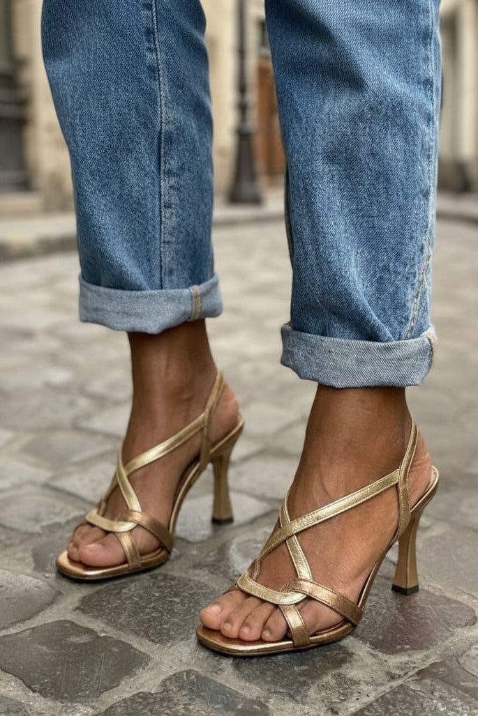 Metallic Gold Sandals with Crossed Straps and Stiletto Heel
