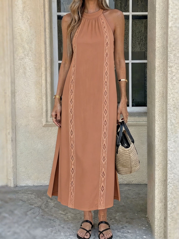 Summer ladies pure halter lace hollow-out lace edge patchwork dress, loose linen feel holiday sleeveless long dress 9A12499