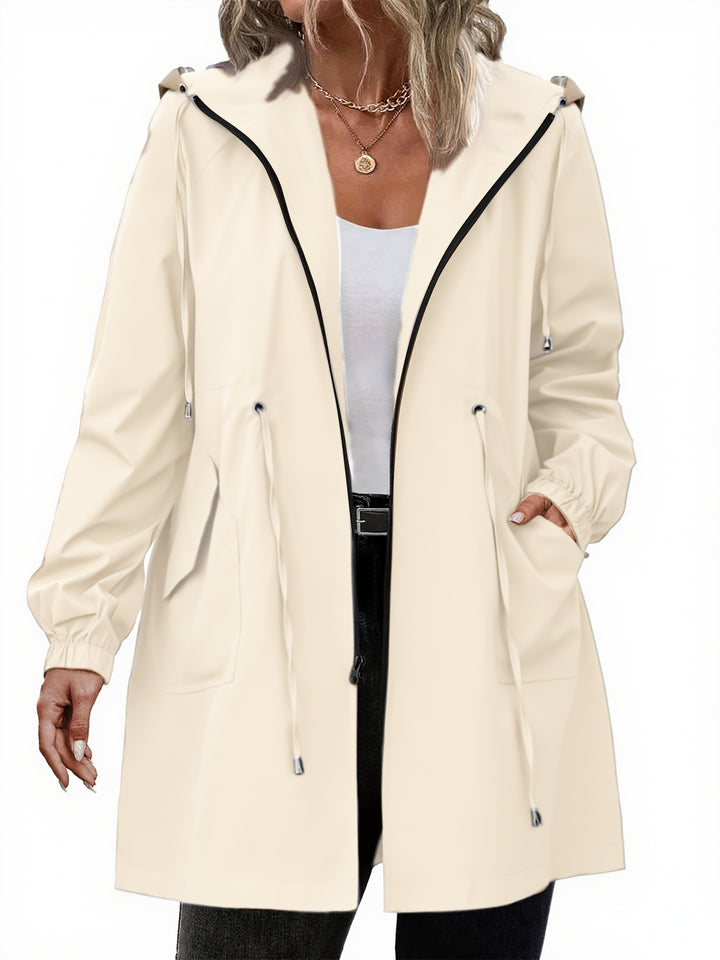 Lightweight hooded zip jacket in cream with drawstring waist and front pockets