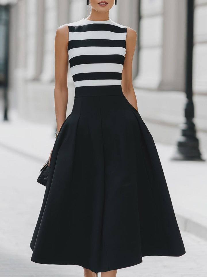 Elegant midi A-line dress, sleeveless, striped, with pockets