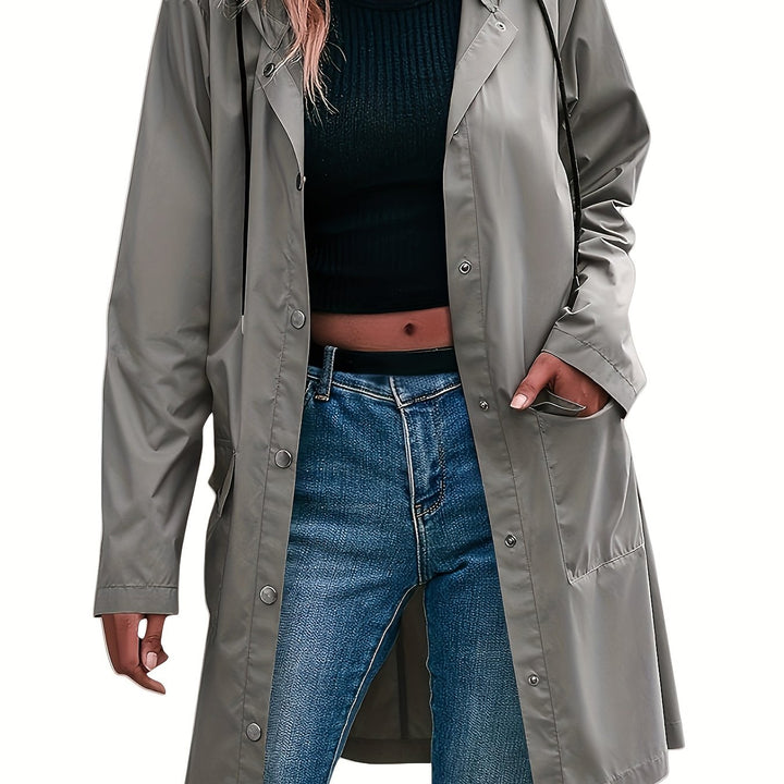 Windproof hooded trench coat, grey with button front and side pockets
