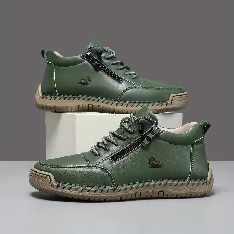 Dark green therapeutic comfort shoes, lace-up with side zipper and stitched trim
