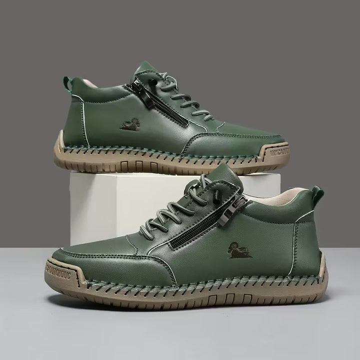Dark green therapeutic comfort shoes, lace-up with side zipper and stitched trim