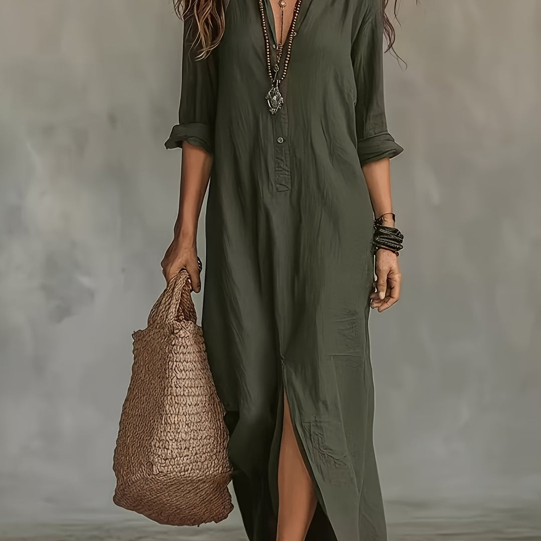 New Spring/Summer Plain Coloured Pullover-Collar Long Dress with Half-Open Collar and Slits at the Front and Back, Casual Shirt Dress in a Relaxed Style, Suitable for Leisure, Travel, Beach, and Daily Use in Spring/Summer, Machine Washable