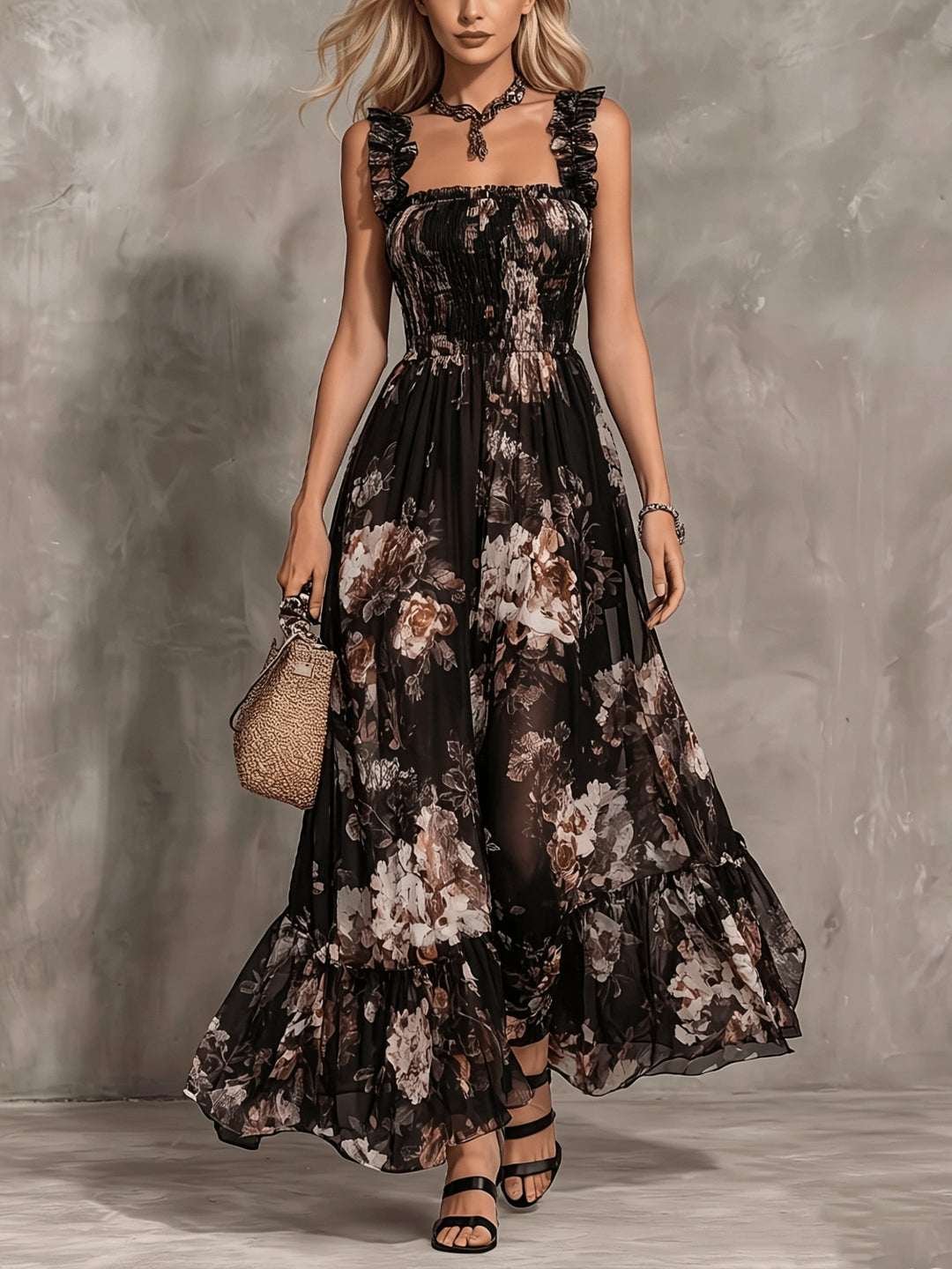 Delphine | Vintage Square Neck Pleated Floral Dress