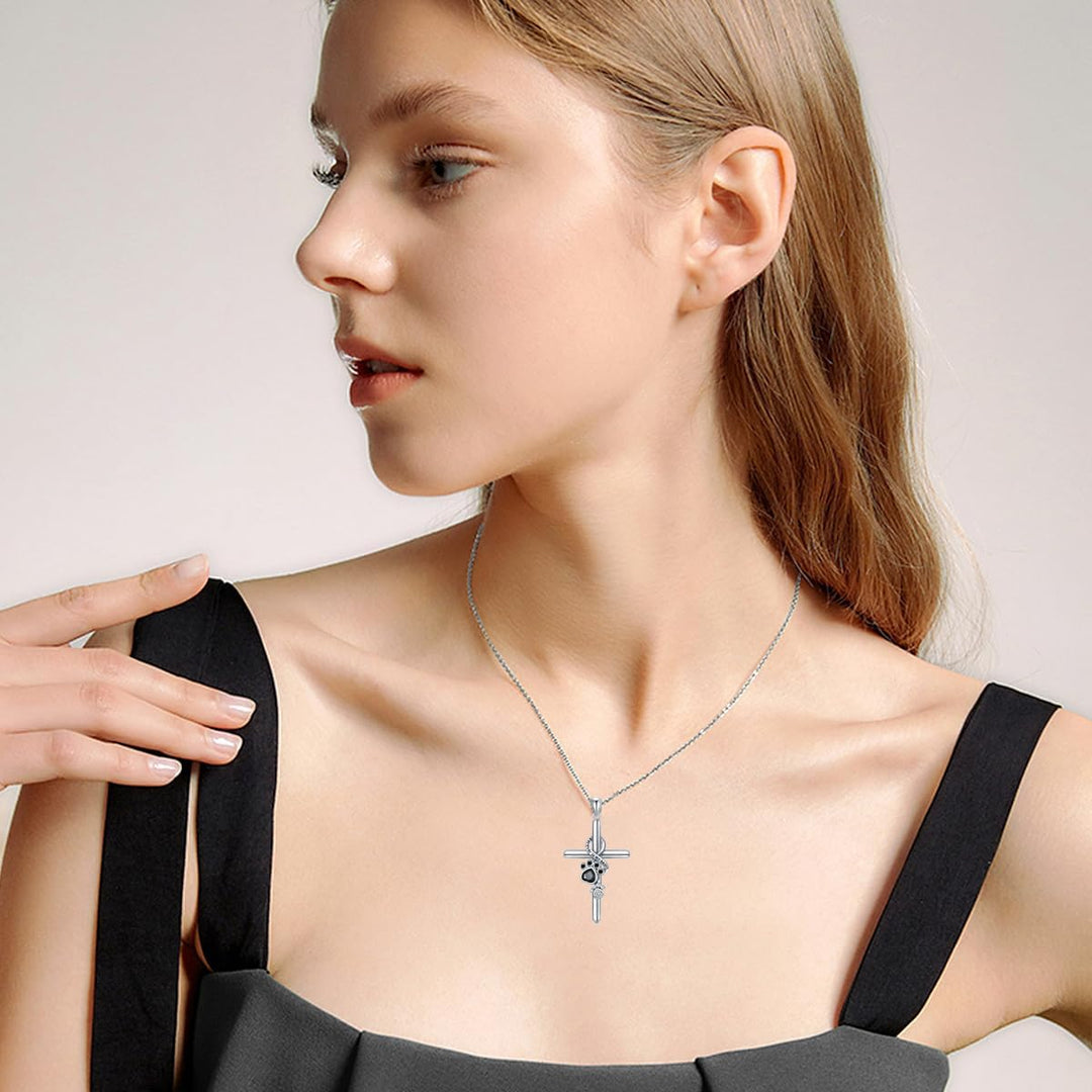 925 Sterling Silver Paw & Cross Necklace