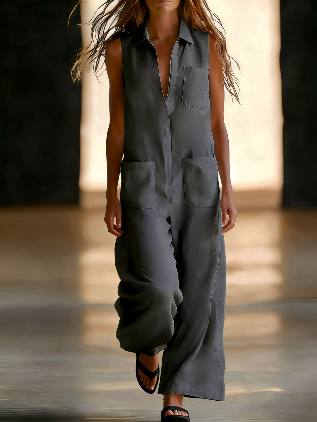 Sleeveless wide-leg jumpsuit for women, plain colour with pockets, half-zip and open front - Casual wear for commuting