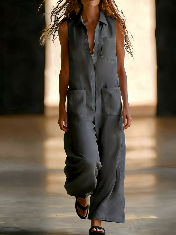 Sleeveless wide-leg jumpsuit for women, plain colour with pockets, half-zip and open front - Casual wear for commuting