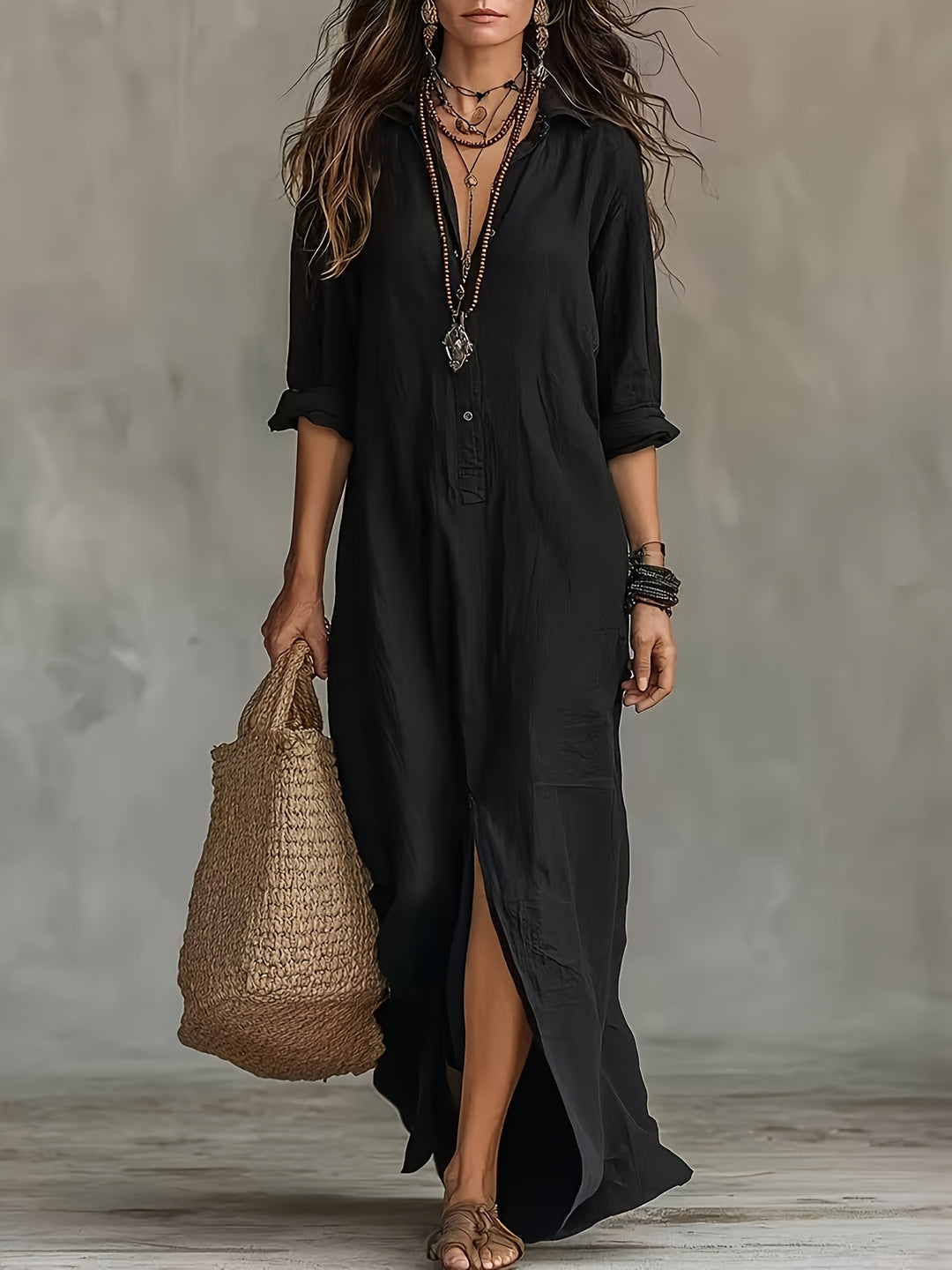 New Spring/Summer Plain Coloured Pullover-Collar Long Dress with Half-Open Collar and Slits at the Front and Back, Casual Shirt Dress in a Relaxed Style, Suitable for Leisure, Travel, Beach, and Daily Use in Spring/Summer, Machine Washable